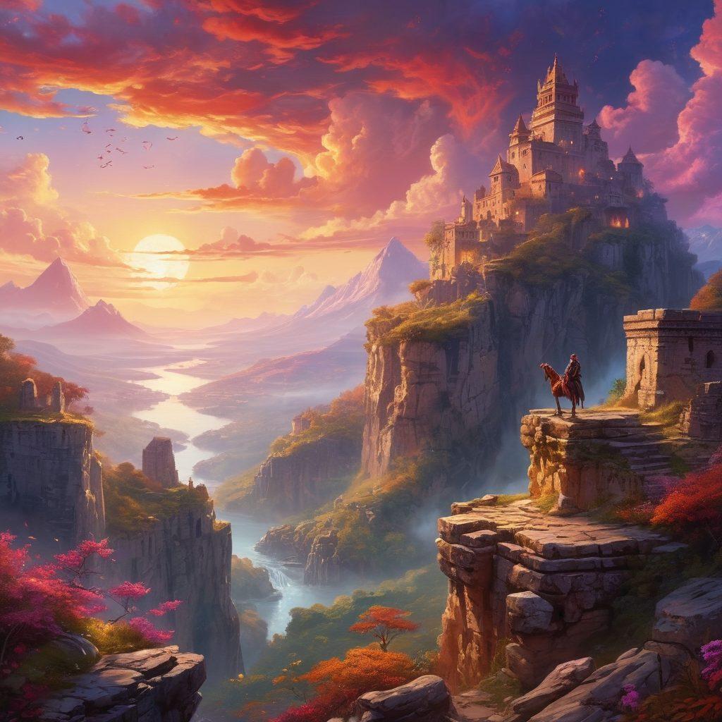 A vibrant fantasy landscape featuring a heroic character standing on a cliff, overlooking a sprawling mystical world filled with ancient ruins, enchanted forests, and distant mountains. The sky is painted with swirling colors of dawn, symbolizing new adventures. Incorporate elements like treasure chests and mythical creatures to represent quests. Emphasize a sense of adventure and exploration. super-realistic. vibrant colors. fantasy art.