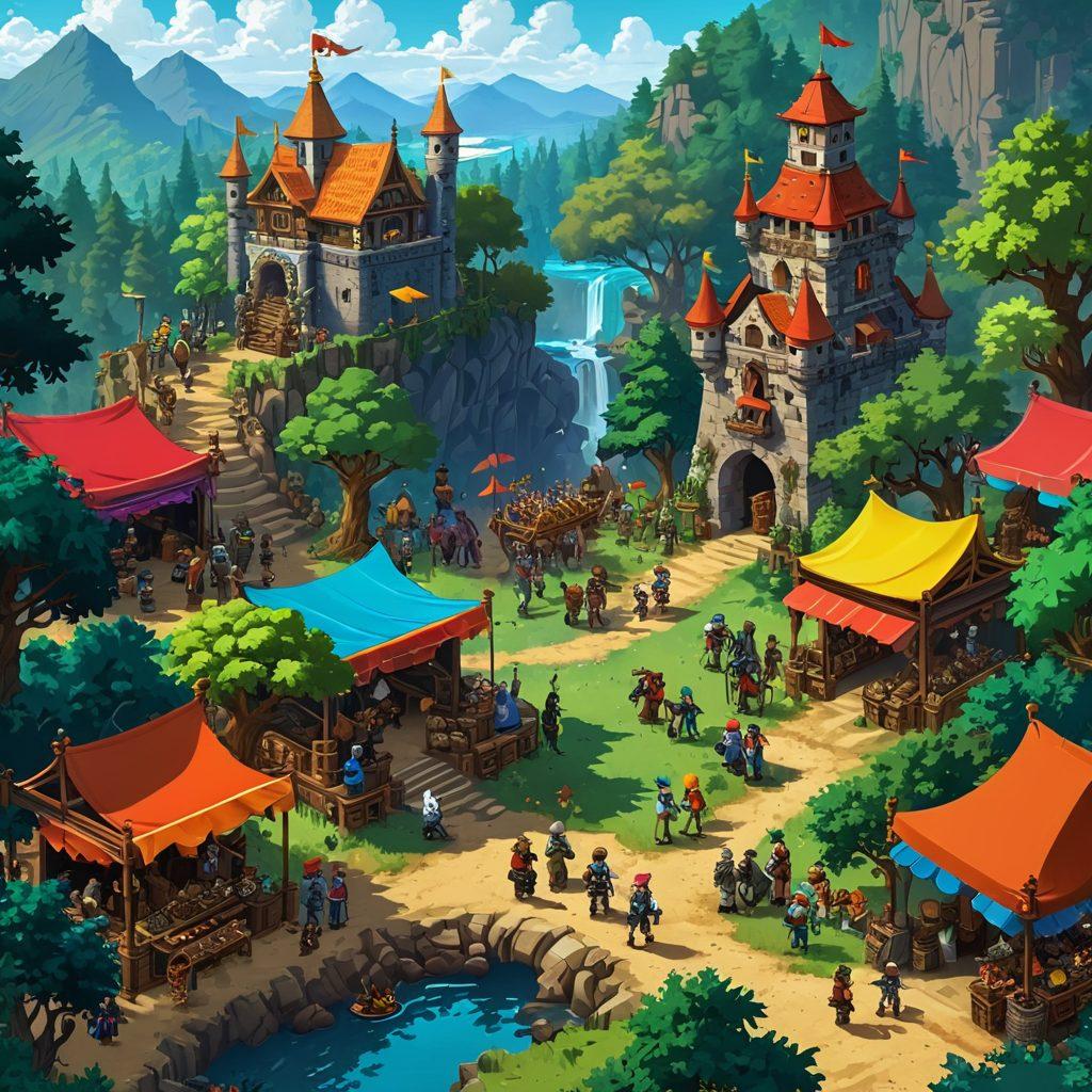 A lively digital landscape showcasing a diverse group of characters trading in a bustling market scene from the game Tibia, with colorful banners announcing various events. The background features lush, enchanted forests and castles under a bright, sunny sky, emphasizing community and collaboration. Include elements like trading stalls loaded with items, players interacting, and a vibrant atmosphere filled with excitement. pixel art. vibrant colors.