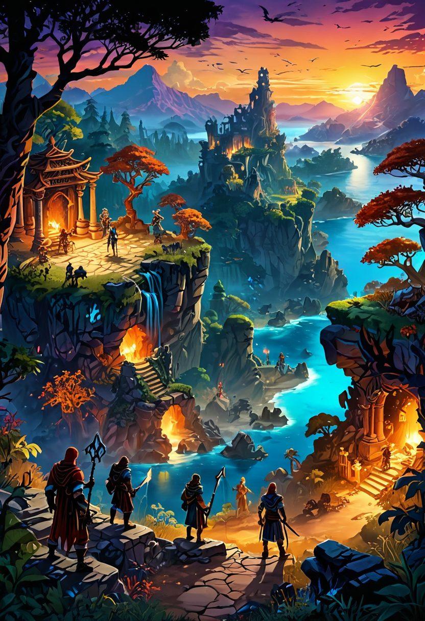 A mystical landscape of the Tibia game featuring ancient ruins, enchanting forests, and elusive creatures. In the foreground, a group of diverse players spanning different classes strategizing together, surrounded by glowing quest items. The background showcases a vibrant sunset casting colorful shadows over a sprawling world map filled with key locations. Super-realistic. Vibrant colors. Fantasy style.